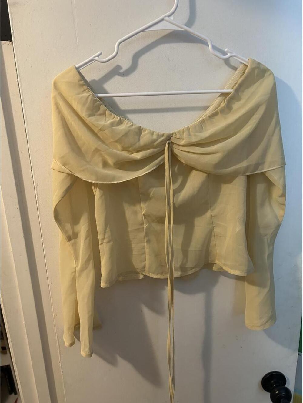 PrettyLittleThing yellow off the shoulder blouse with tie detail, size 2